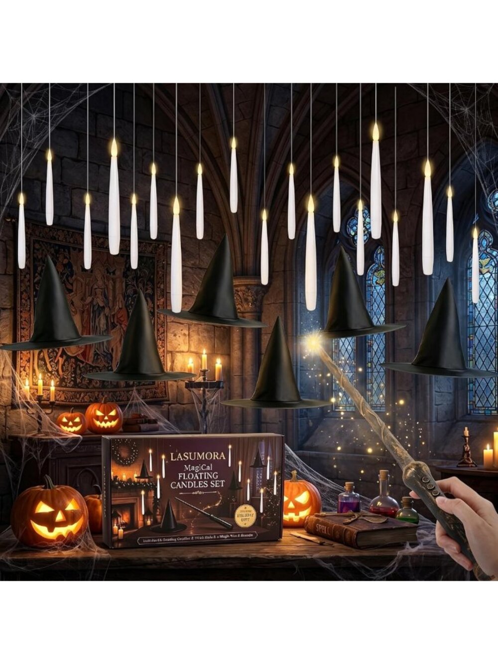 20PCS Flameless Floating Candles Set with Remote & Witch Hat for Halloween Decor